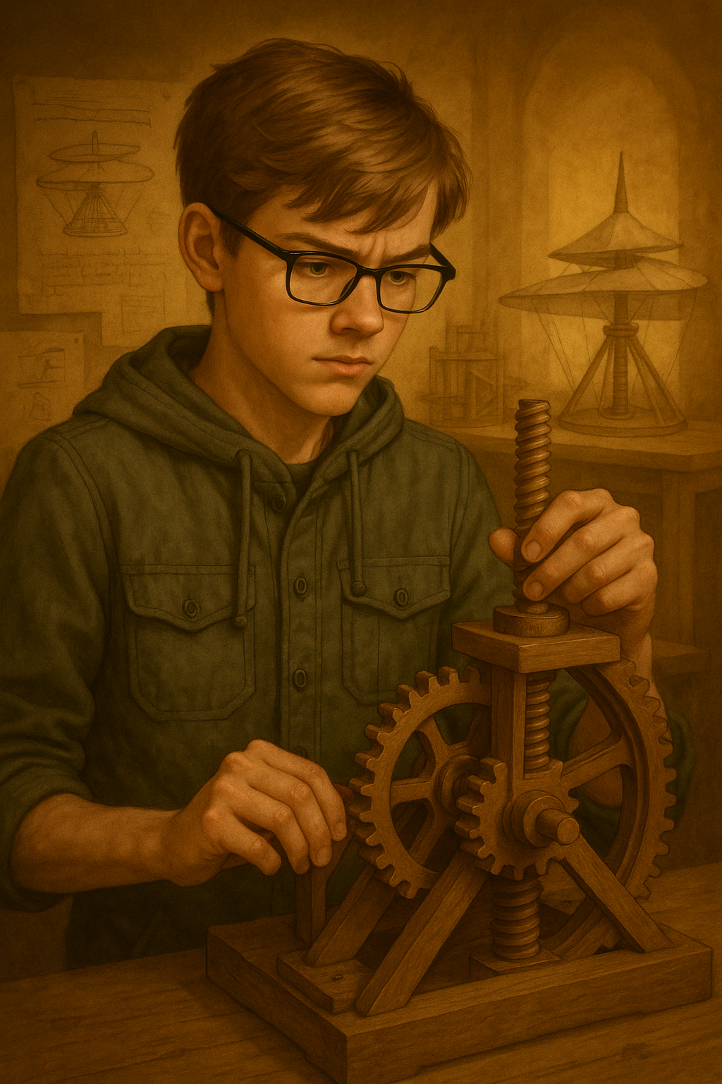 Jake Morrison – The Engineer Who Thinks in Pieces Jake examining da Vinci’s workshop mechanisms